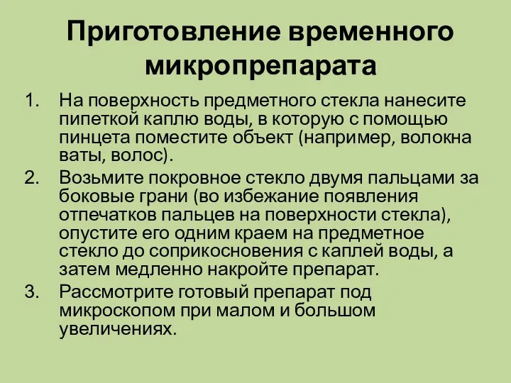 Приготовление временного микропрепарата На поверхность предметного стекла нанесите пипеткой каплю воды,