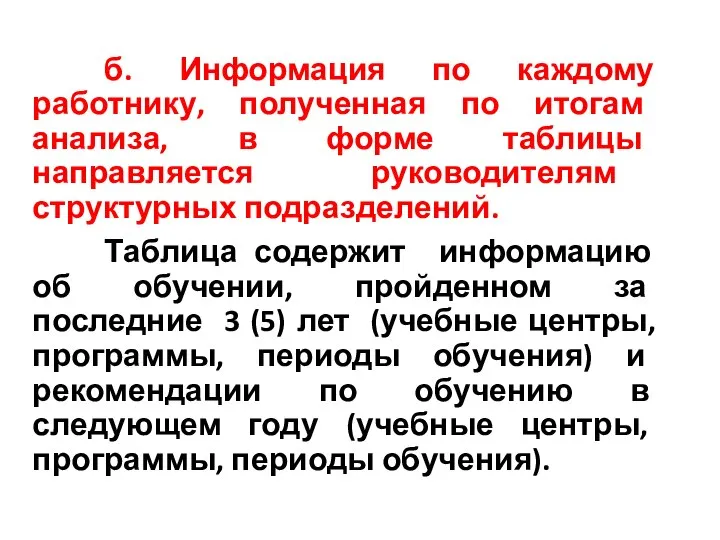 б. Информация по каждому работнику, полученная по итогам анализа, в форме