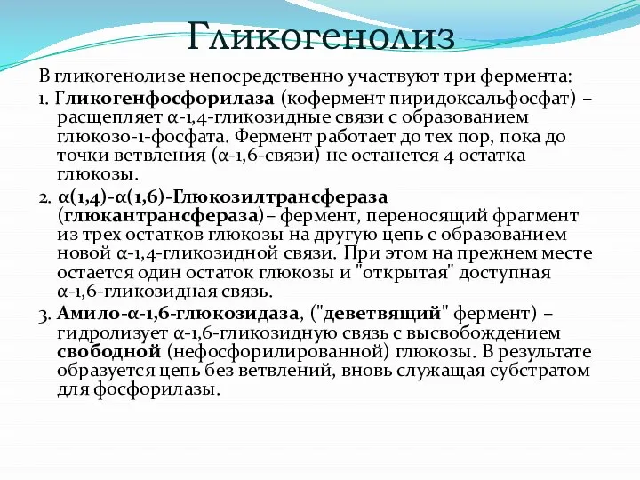 Гликогенолиз В гликогенолизе непосредственно участвуют три фермента: 1. Гликогенфосфорилаза (кофермент пиридоксальфосфат)