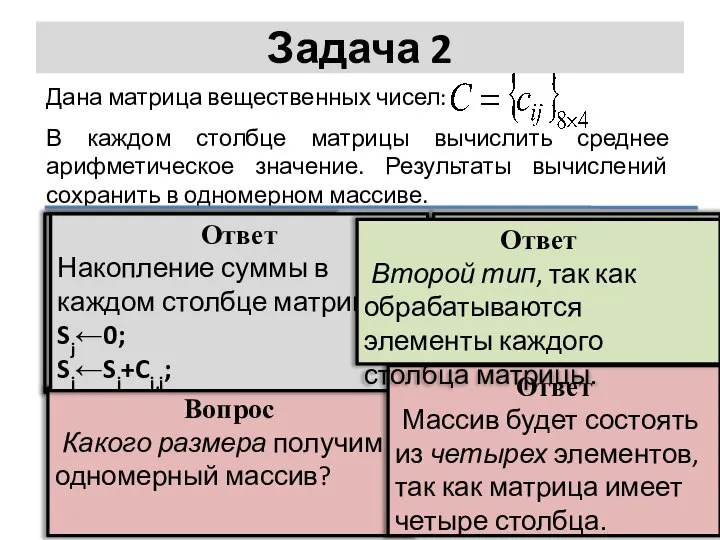 Задача 2 Дана матрица вещественных чисел: В каждом столбце матрицы вычислить