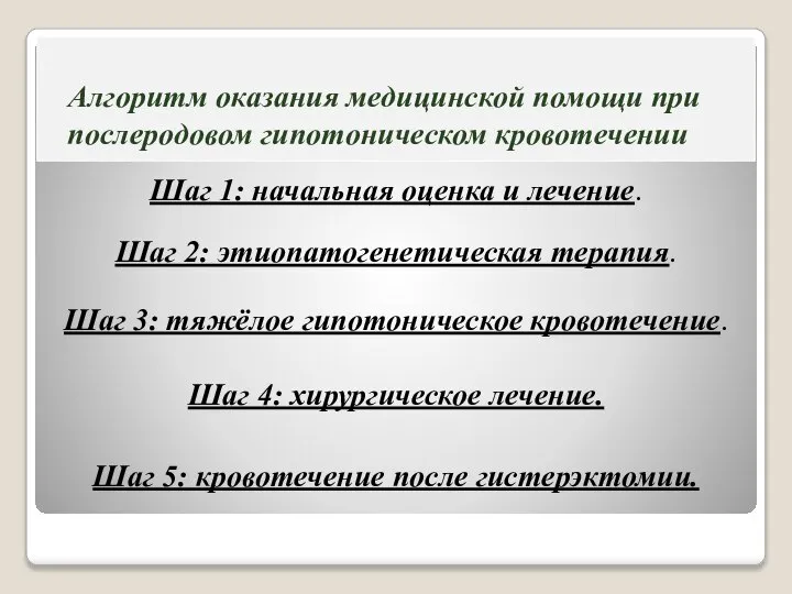 Алгоритм оказания медицинской помощи при послеродовом гипотоническом кровотечении Шаг 1: начальная