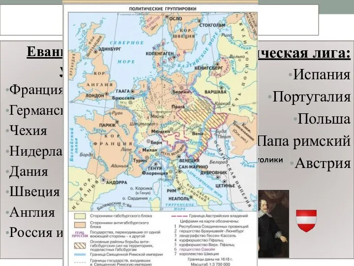 Союзы в войне Евангелическая уния: Франция Германские княжества Чехия Нидерланды Дания