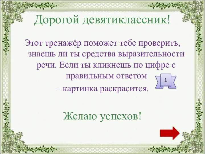 Дорогой девятиклассник! Этот тренажёр поможет тебе проверить, знаешь ли ты средства