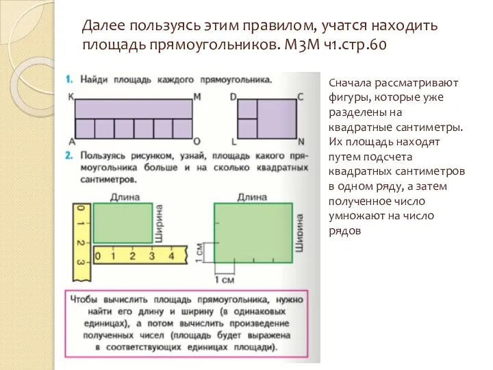 Далее пользуясь этим правилом, учатся находить площадь прямоугольников. М3М ч1.стр.60 Сначала