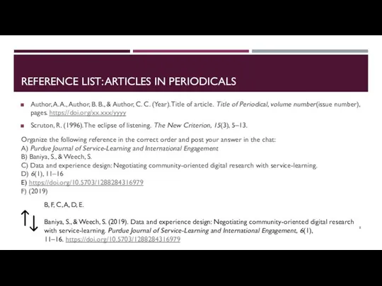 REFERENCE LIST: ARTICLES IN PERIODICALS Author, A. A., Author, B. B.,