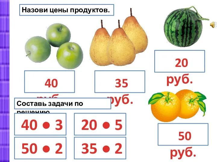 Назови цены продуктов. 40 руб. 20 руб. 35 руб. 50 руб.