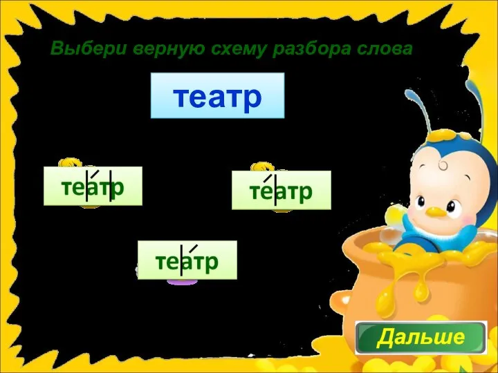 Выбери верную схему разбора слова театр