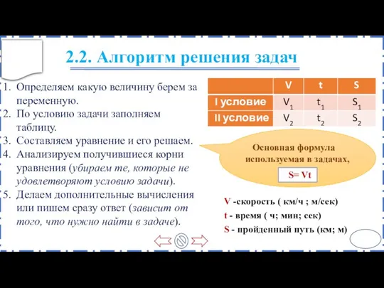 2.2. Алгоритм решения задач V -скорость ( км/ч ; м/сек) t