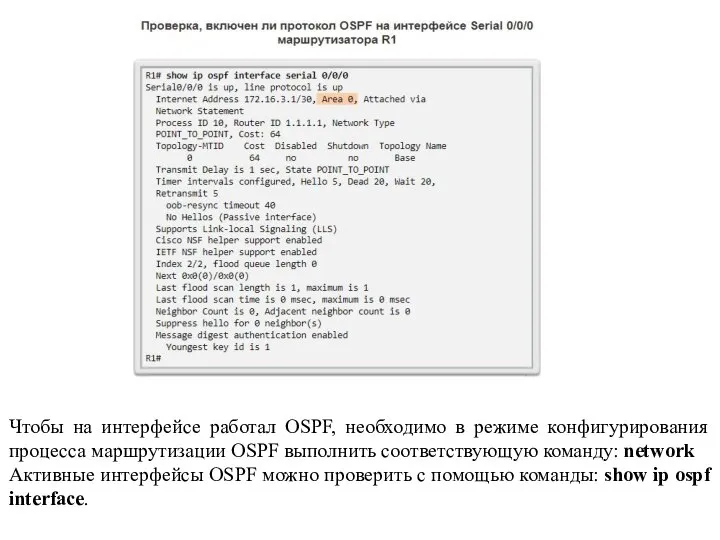 Чтобы на интерфейсе работал OSPF, необходимо в режиме конфигурирования процесса маршрутизации