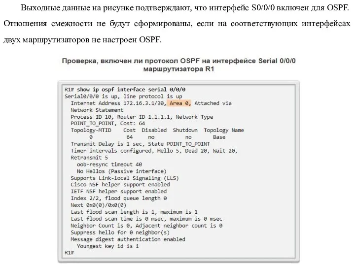 Выходные данные на рисунке подтверждают, что интерфейс S0/0/0 включен для OSPF.
