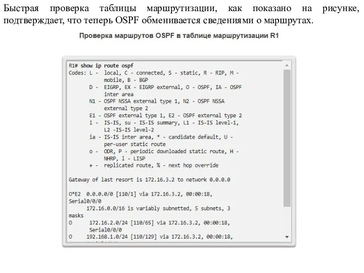 Быстрая проверка таблицы маршрутизации, как показано на рисунке, подтверждает, что теперь OSPF обменивается сведениями о маршрутах.