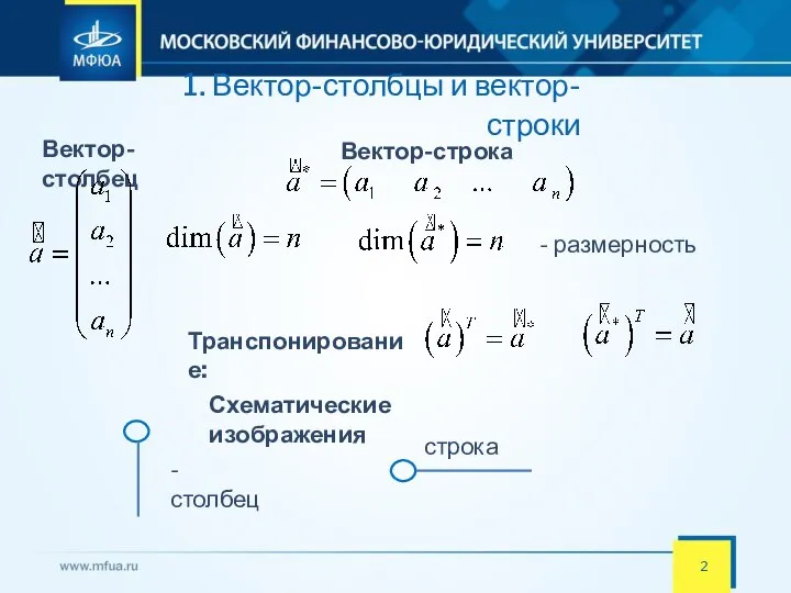 1. Вектор-столбцы и вектор-строки Вектор-столбец Вектор-строка - размерность Транспонирование: Схематические изображения - столбец строка