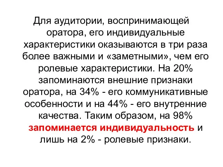 Для аудитории, воспринимающей оратора, его индивидуальные характеристики оказываются в три раза