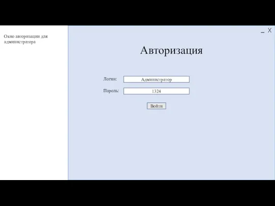 Авторизация Логин: Пароль: Администратор 1324 Войти Окно авторизации для администратора