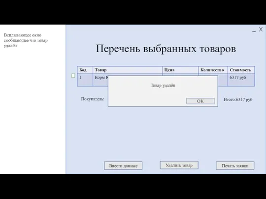 Итого:6317 руб Перечень выбранных товаров Ввести данные Печать заявки Покупатель: Всплывающее