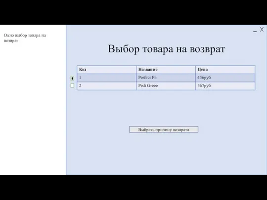 Выбор товара на возврат Выбрать причину возврата Окно выбор товара на возврат