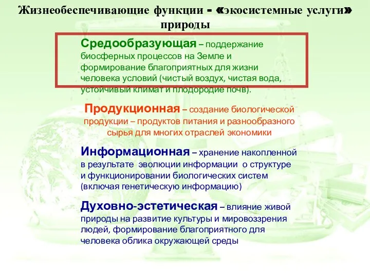 Жизнеобеспечивающие функции - «экосистемные услуги» природы Средообразующая – поддержание биосферных процессов