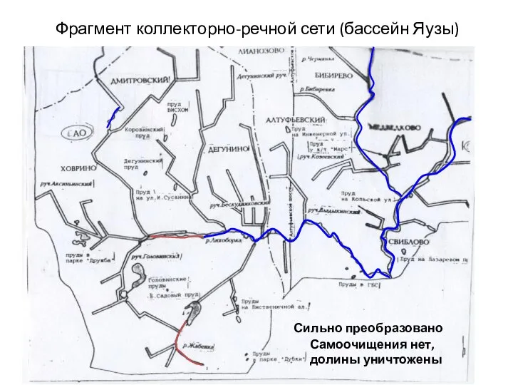 Фрагмент коллекторно-речной сети (бассейн Яузы) Сильно преобразовано Самоочищения нет, долины уничтожены