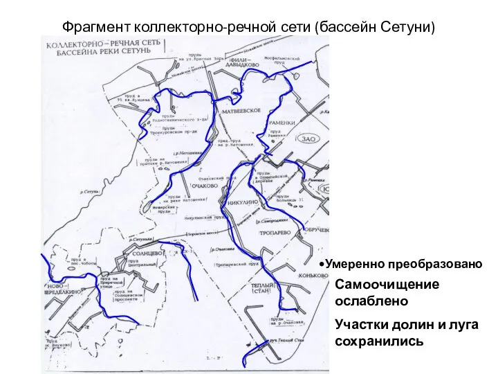 Фрагмент коллекторно-речной сети (бассейн Сетуни) Умеренно преобразовано Самоочищение ослаблено Участки долин и луга сохранились