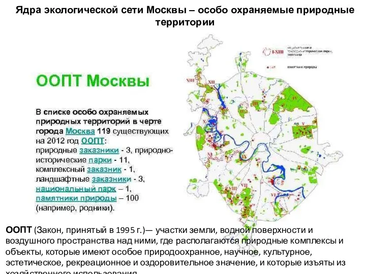 Ядра экологической сети Москвы – особо охраняемые природные территории ООПТ (Закон,