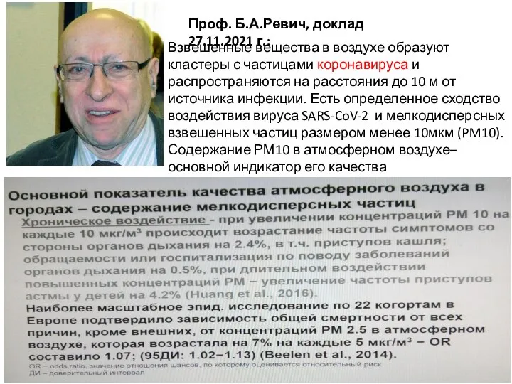 Проф. Б.А.Ревич, доклад 27.11.2021 г.: Взвешенные вещества в воздухе образуют кластеры