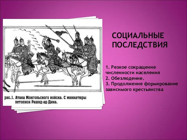 СОЦИАЛЬНЫЕ ПОСЛЕДСТВИЯ 1. Резкое сокращение численности населения 2. Обезлюдение. 3. Продолжение формирование зависимого крестьянства