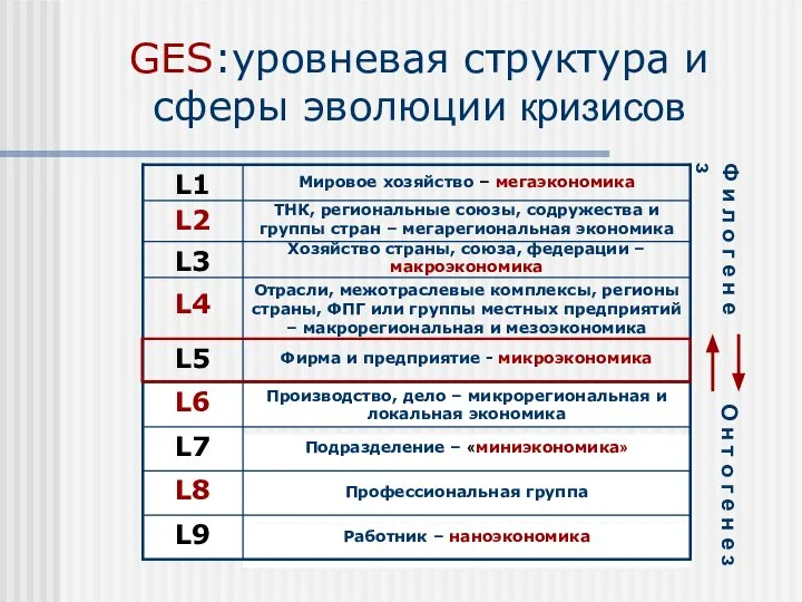 GES:уровневая структура и сферы эволюции кризисов Работник – наноэкономика L9 Профессиональная