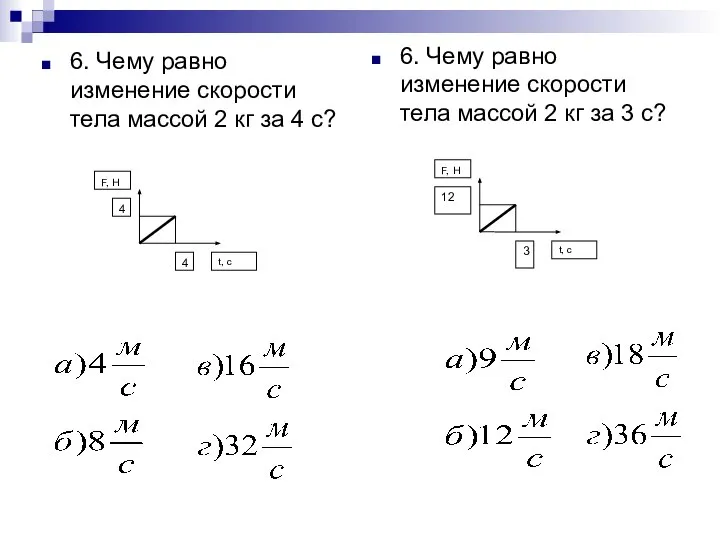 6. Чему равно изменение скорости тела массой 2 кг за 4