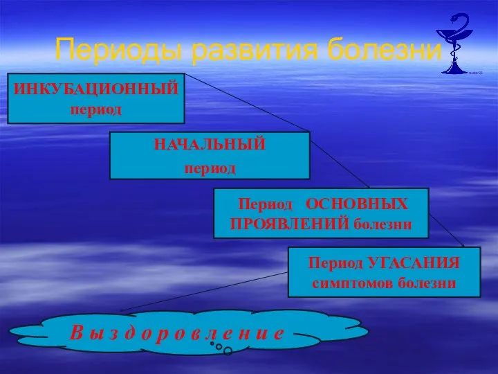 Периоды развития болезни ИНКУБАЦИОННЫЙ период НАЧАЛЬНЫЙ период Период ОСНОВНЫХ ПРОЯВЛЕНИЙ болезни