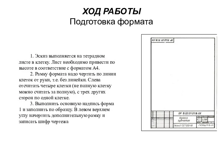 ХОД РАБОТЫ Подготовка формата 1. Эскиз выполняется на тетрадном листе в