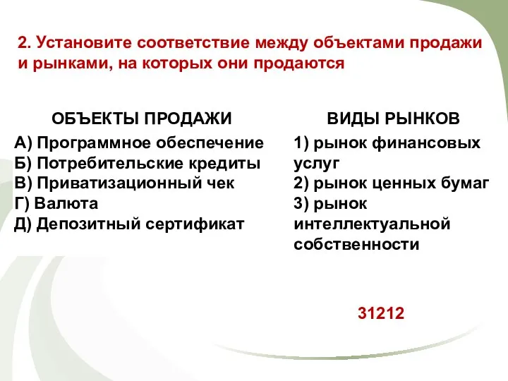 2. Установите соответствие между объектами продажи и рынками, на которых они продаются 31212