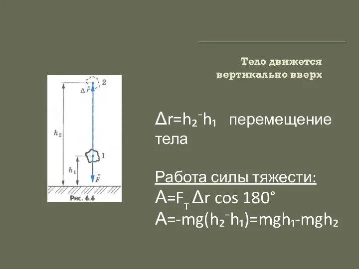 Тело движется вертикально вверх Δr=h₂⁻h₁ перемещение тела Работа силы тяжести: А=Fт Δr cos 180° А=-mg(h₂⁻h₁)=mgh₁-mgh₂