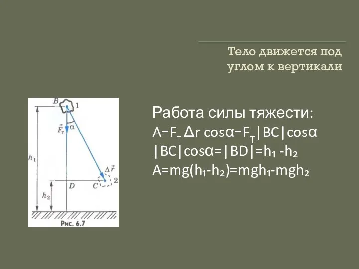 Тело движется под углом к вертикали Работа силы тяжести: A=FT Δr cosα=FT|BC|cosα |BC|cosα=|BD|=h₁ -h₂ A=mg(h₁-h₂)=mgh₁-mgh₂