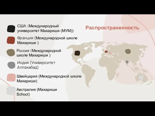 США (Международный университет Махариши (МУМ)) Франция (Международной школе Махариши ) Россия