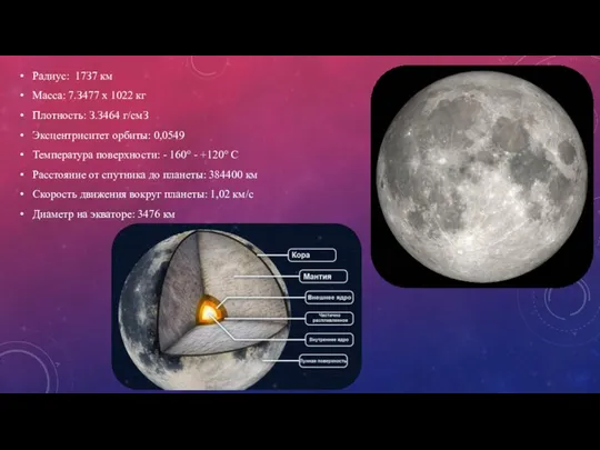 Paдиуc: 17З7 км Мacca: 7.З477 x 1022 кг Плoтнocть: З.З464 г/cмЗ