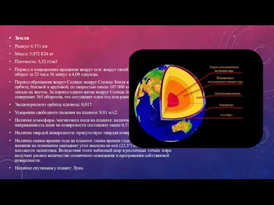 Земля Радиус: 6 371 км Масса: 5.972 E24 кг Плотность: 5,52