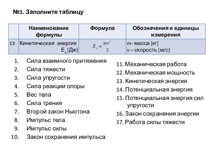 №1. Заполните таблицу Сила взаимного притяжения Сила тяжести Сила упругости Сила