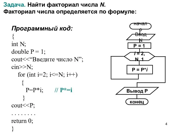 Задача. Найти факториал числа N. Факториал числа определяется по формуле: Программный