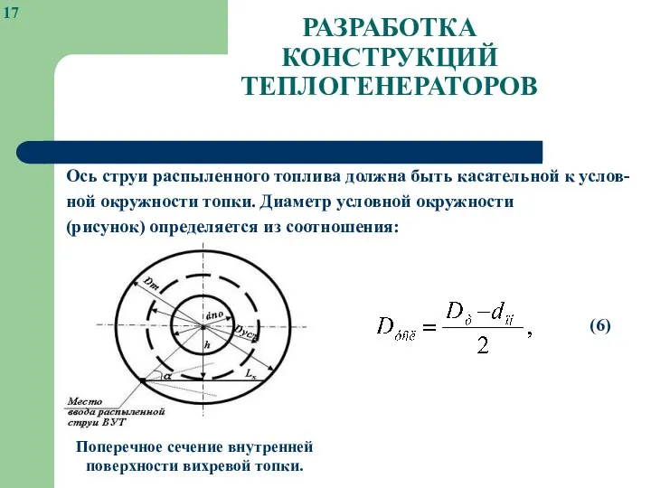 РАЗРАБОТКА КОНСТРУКЦИЙ ТЕПЛОГЕНЕРАТОРОВ Ось струи распыленного топлива должна быть касательной к