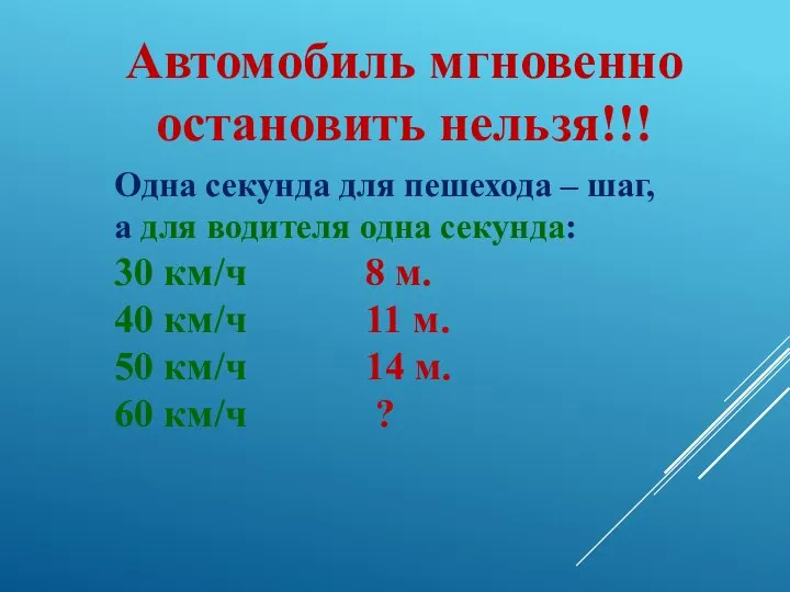 Автомобиль мгновенно остановить нельзя!!! Одна секунда для пешехода – шаг, а