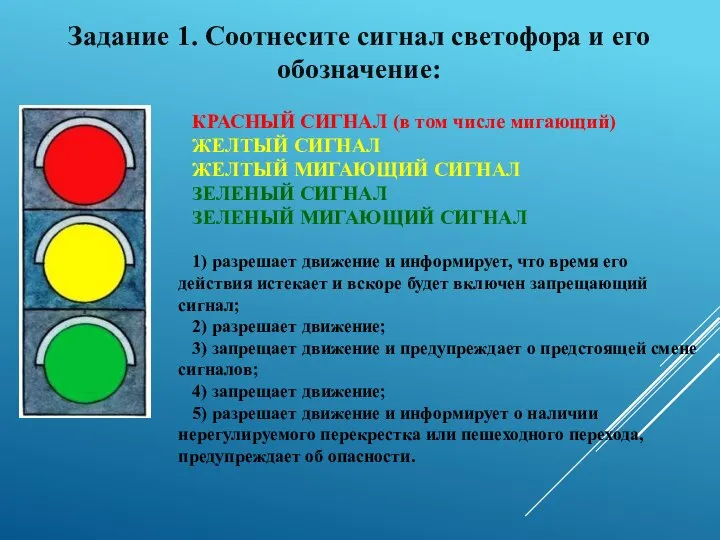 Задание 1. Соотнесите сигнал светофора и его обозначение: КРАСНЫЙ СИГНАЛ (в