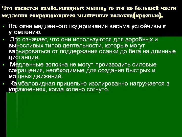 Что касается камбаловидных мышц, то это по большей части медленно сокращающиеся