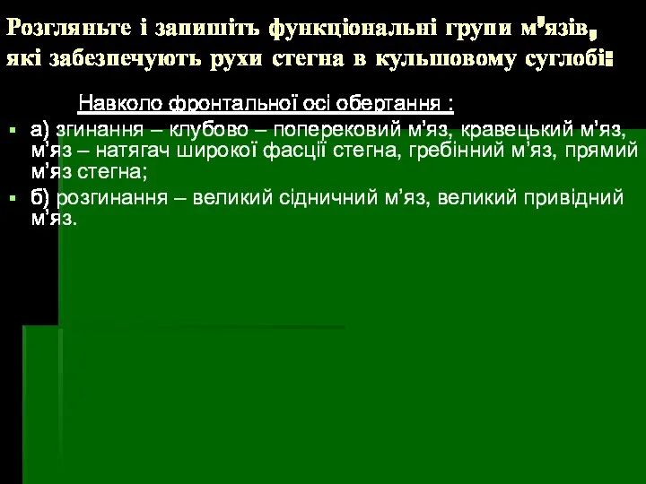 Розгляньте і запишіть функціональні групи м’язів, які забезпечують рухи стегна в