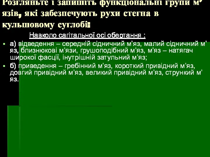 Розгляньте і запишіть функціональні групи м’язів, які забезпечують рухи стегна в