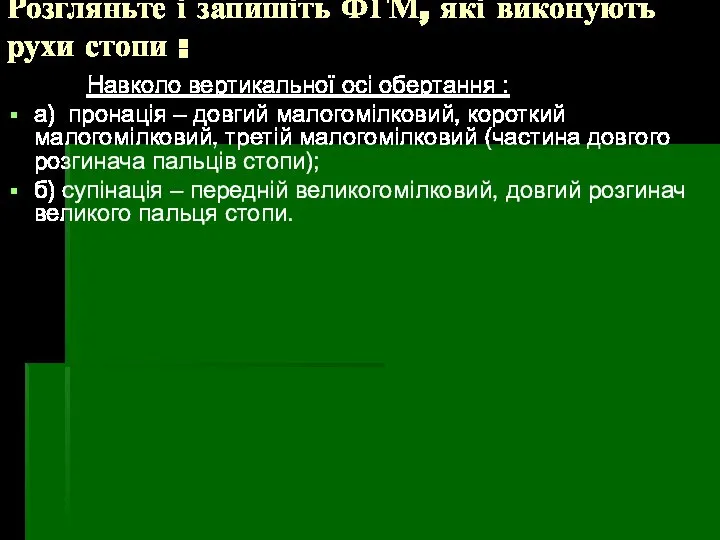 Розгляньте і запишіть ФГМ, які виконують рухи стопи : Навколо вертикальної