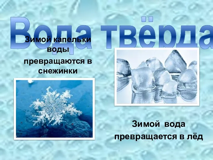 Вода твёрдая Зимой капельки воды превращаются в снежинки Зимой вода превращается в лёд