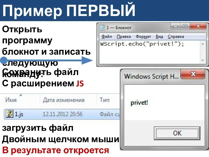 Пример ПЕРВЫЙ Открыть программу блокнот и записать следующую команду: Сохранить файл