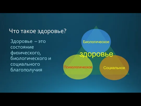 Что такое здоровье? Здоровье – это состояние физического, биологического и социального благополучия