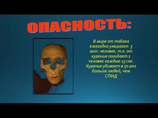 В мире от табака ежегодно умирают 3 млн. человек, т.е. от