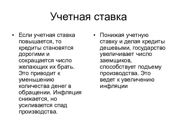 Учетная ставка Если учетная ставка повышается, то кредиты становятся дорогими и